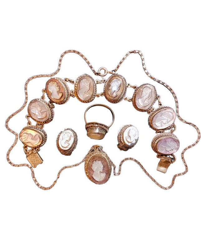 Victorian Antique Abalone Cameo SET 800 silver Bracelet ring necklace earrings