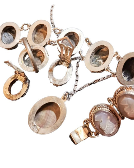 Victorian Antique Abalone Cameo SET 800 silver Bracelet ring necklace earrings