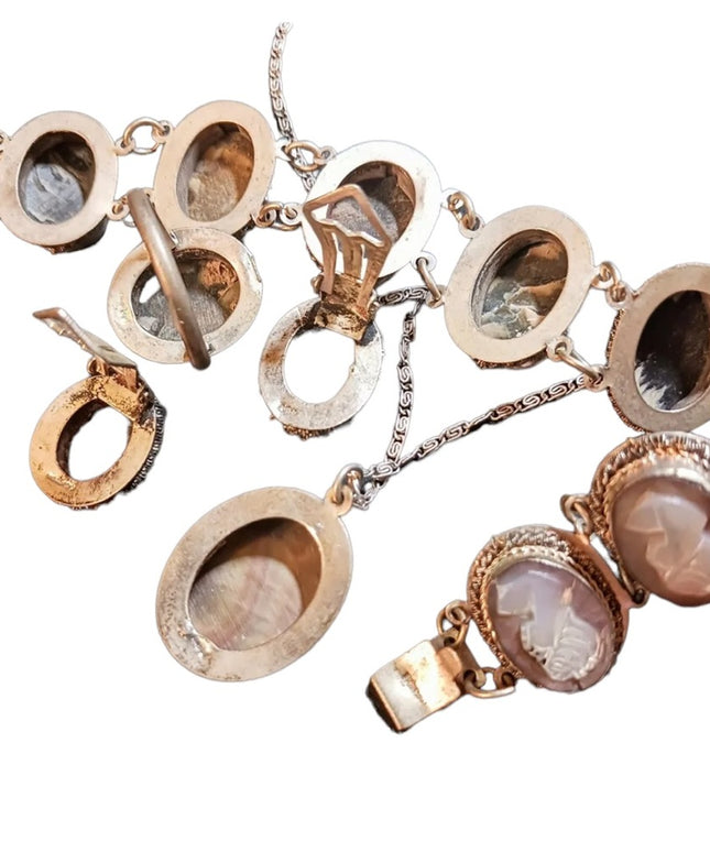 Victorian Antique Abalone Cameo SET 800 silver Bracelet ring necklace earrings