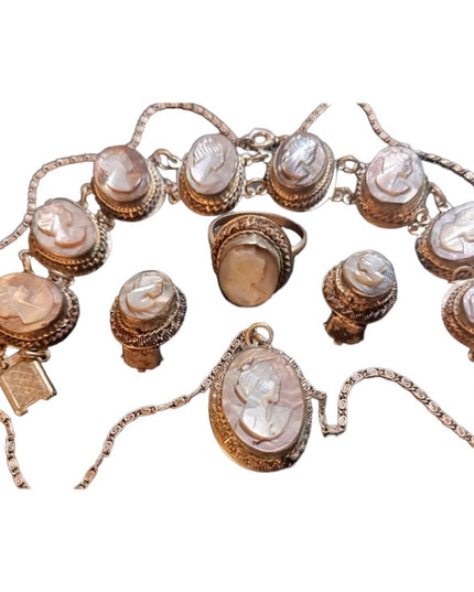 Victorian Antique Abalone Cameo SET 800 silver Bracelet ring necklace earrings