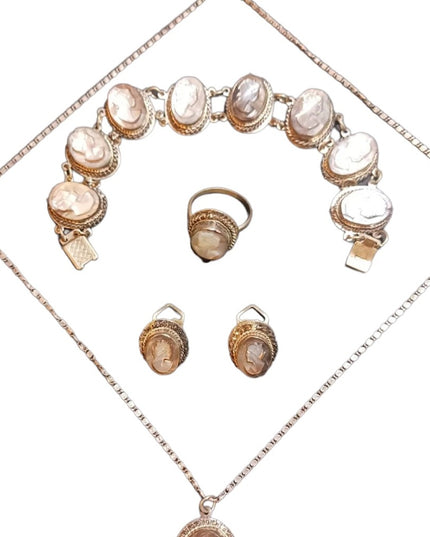 Victorian Antique Abalone Cameo SET 800 silver Bracelet ring necklace earrings