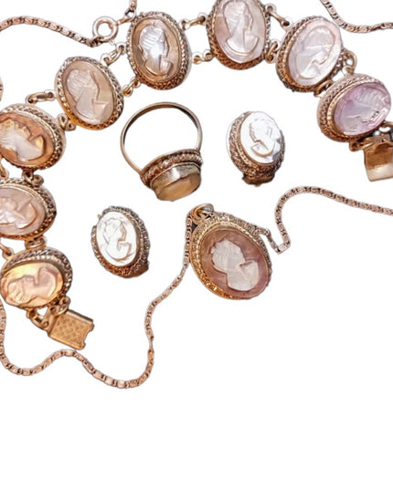 Victorian Antique Abalone Cameo SET 800 silver Bracelet ring necklace earrings