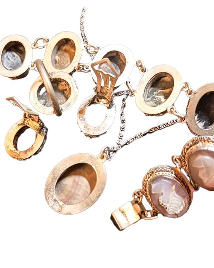 Victorian Antique Abalone Cameo SET 800 silver Bracelet ring necklace earrings