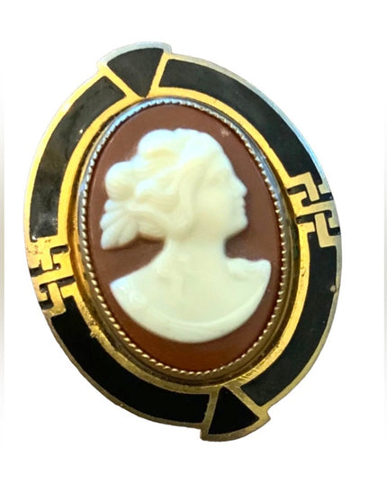 Stunning Antique Gold finish enameled Resin Cameo Art deco design brooch LG