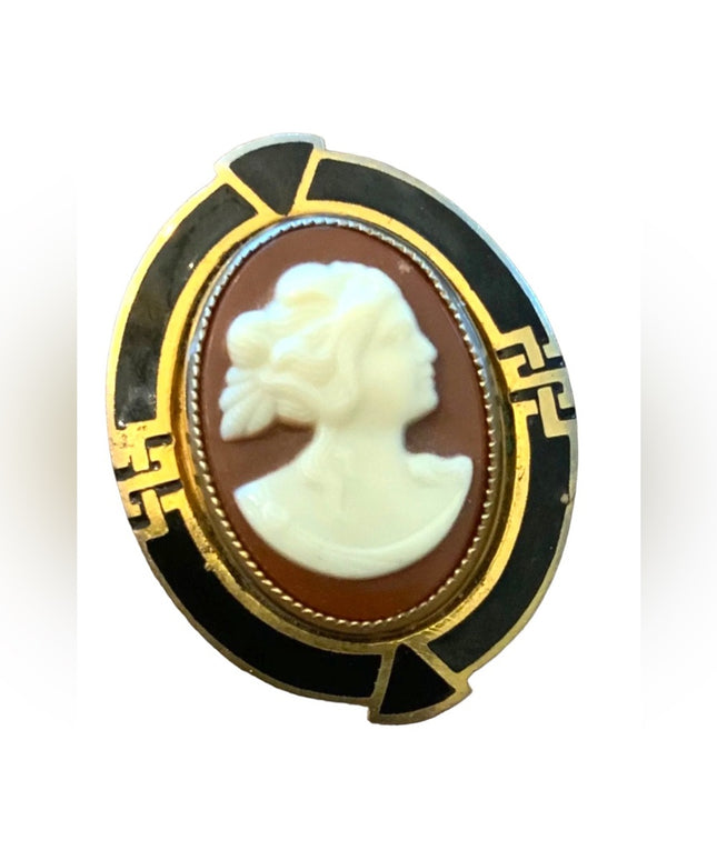 Stunning Antique Gold finish enameled Resin Cameo Art deco design brooch LG