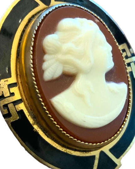 Stunning Antique Gold finish enameled Resin Cameo Art deco design brooch LG