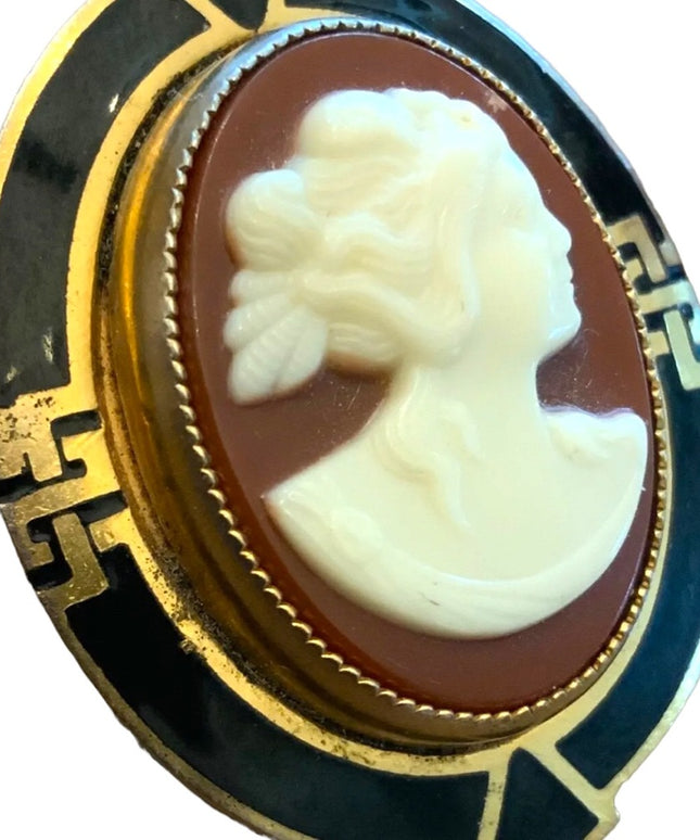 Stunning Antique Gold finish enameled Resin Cameo Art deco design brooch LG
