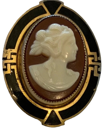 Stunning Antique Gold finish enameled Resin Cameo Art deco design brooch LG