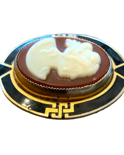 Stunning Antique Gold finish enameled Resin Cameo Art deco design brooch LG