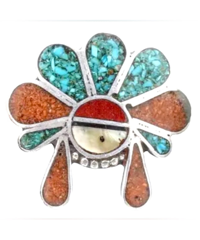 Vintage 1950s coral turquois sterling silver 925 Sun Face Zuni Native ring
