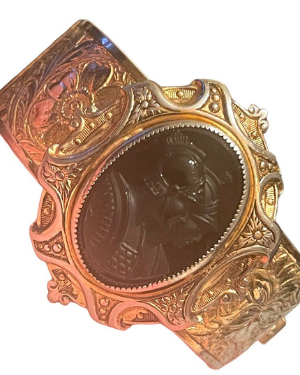 Stunning vintage Gold & silver finish plated flower etched TROJAN Cameo bangle
