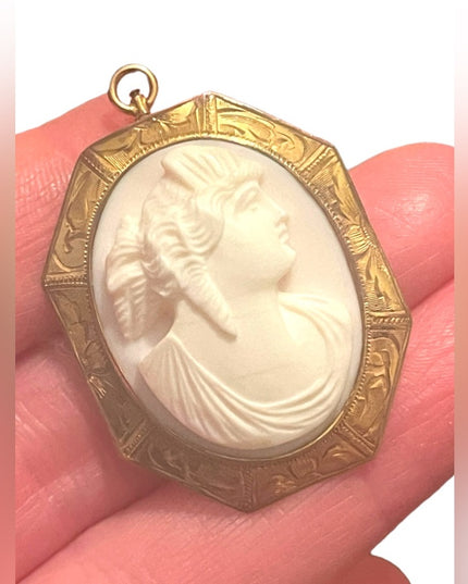 Lovely Antique Gold filled ornate white Coral Carved CAMEO Brooch pendant