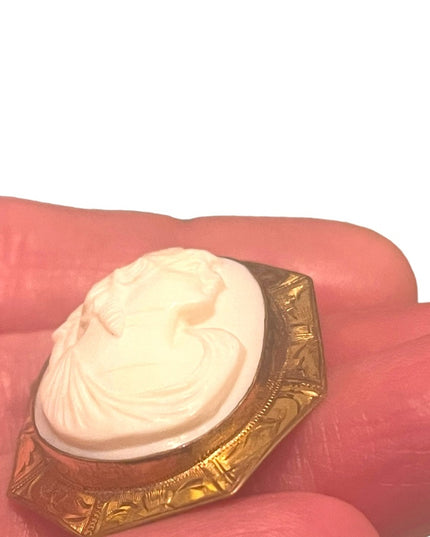 Lovely Antique Gold filled ornate white Coral Carved CAMEO Brooch pendant