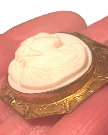 Lovely Antique Gold filled ornate white Coral Carved CAMEO Brooch pendant