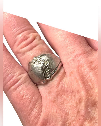Vintage 1970s Lg brushed Sterling silver 925 Dome dinner ring w CZ