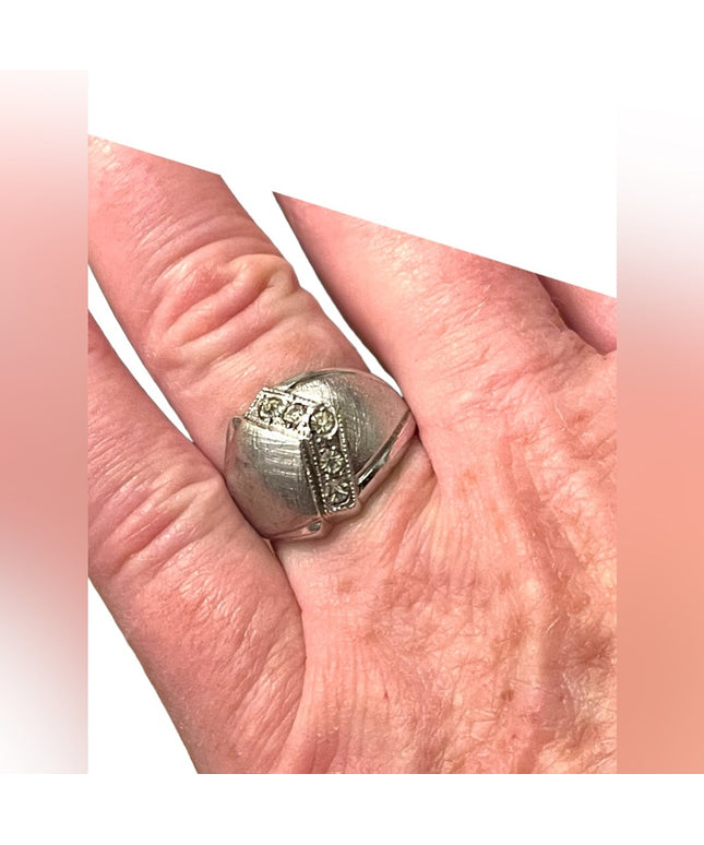 Vintage 1970s Lg brushed Sterling silver 925 Dome dinner ring w CZ