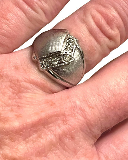 Vintage 1970s Lg brushed Sterling silver 925 Dome dinner ring w CZ