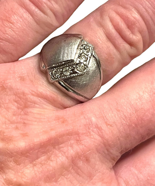 Vintage 1970s Lg brushed Sterling silver 925 Dome dinner ring w CZ