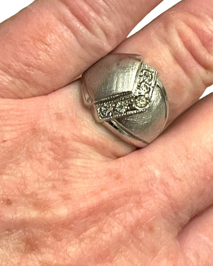Vintage 1970s Lg brushed Sterling silver 925 Dome dinner ring w CZ