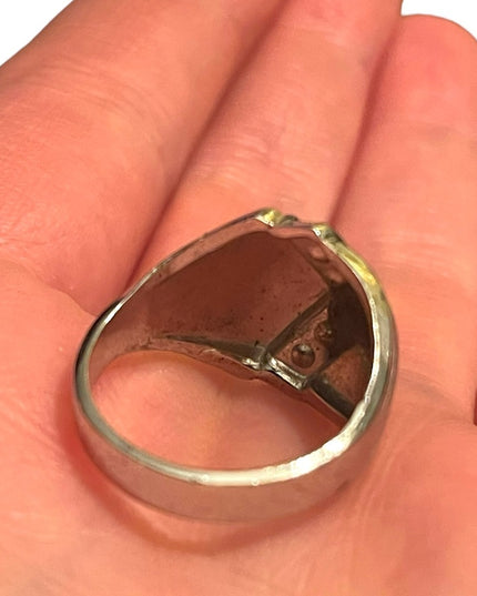 Vintage 1970s Lg brushed Sterling silver 925 Dome dinner ring w CZ