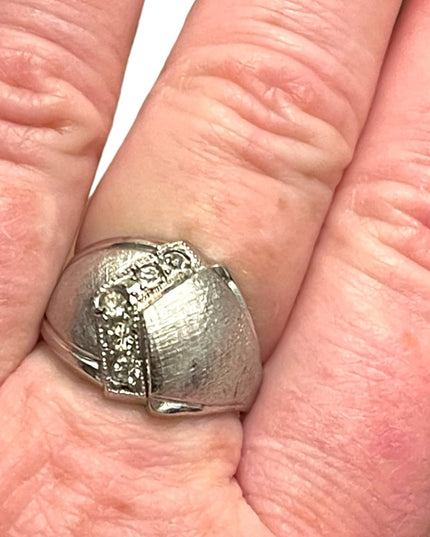 Vintage 1970s Lg brushed Sterling silver 925 Dome dinner ring w CZ
