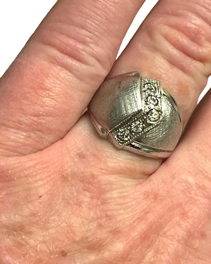 Vintage 1970s Lg brushed Sterling silver 925 Dome dinner ring w CZ