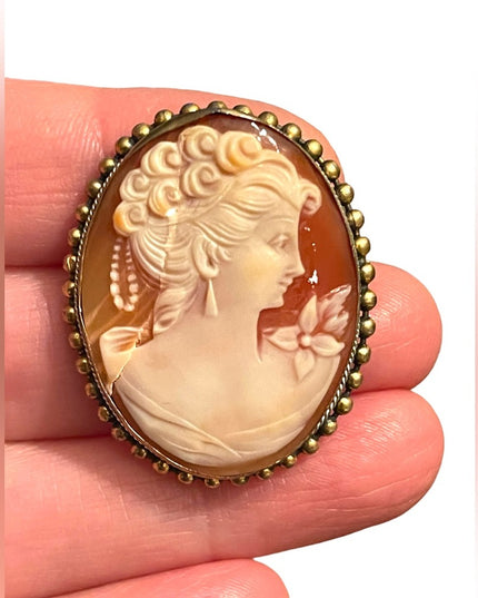Lovely LG Carved Sardonyx GF Brass Antique Cameo brooch pendant