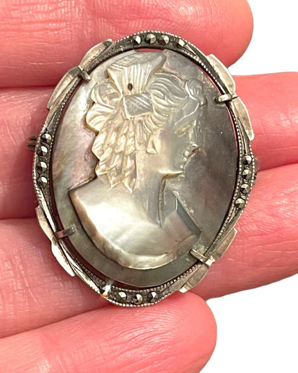 Lovely LG Abalone Shell 800 Silver Antique Carved CAMEO brooch pendant marcasite