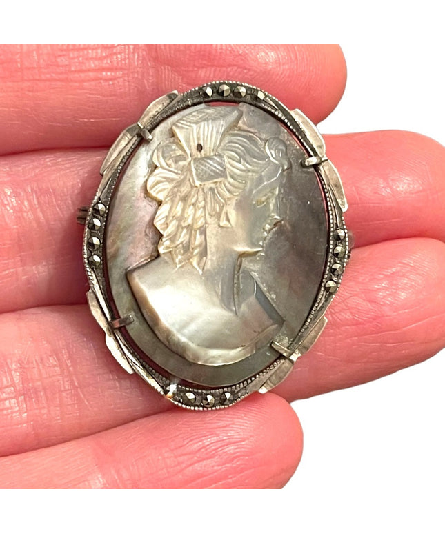 Lovely LG Abalone Shell 800 Silver Antique Carved CAMEO brooch pendant marcasite