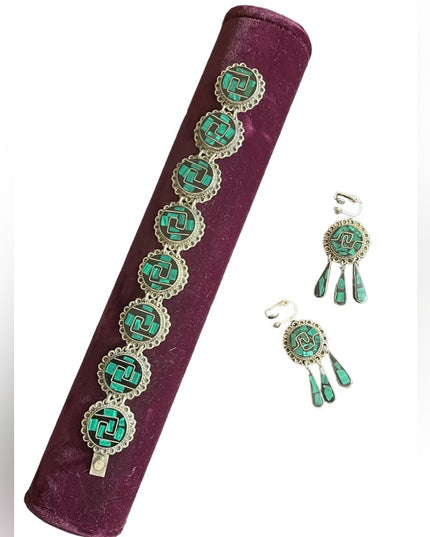 Vintage Sterling Taxco 925 Malachite onyx link bracelet & Earrings SET Inlay