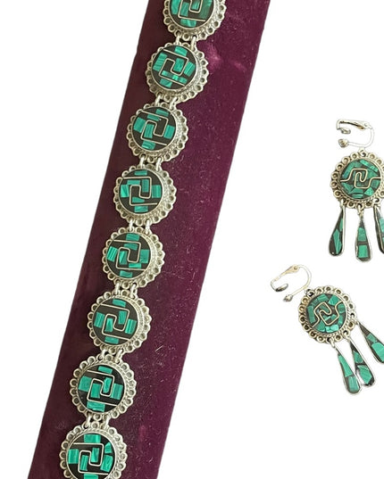 Vintage Sterling Taxco 925 Malachite onyx link bracelet & Earrings SET Inlay