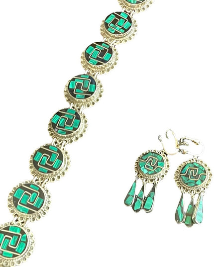 Vintage Sterling Taxco 925 Malachite onyx link bracelet & Earrings SET Inlay