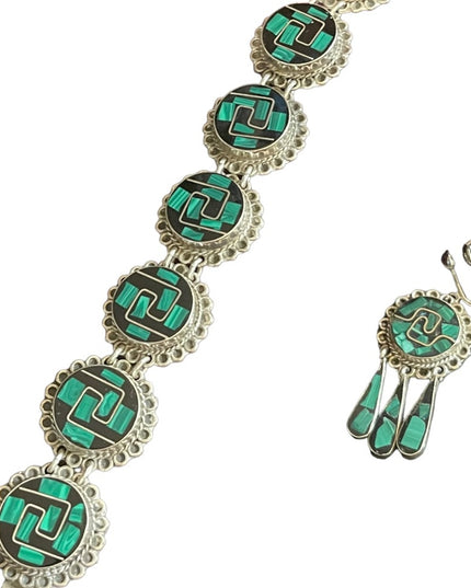 Vintage Sterling Taxco 925 Malachite onyx link bracelet & Earrings SET Inlay