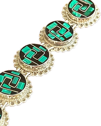 Vintage Sterling Taxco 925 Malachite onyx link bracelet & Earrings SET Inlay