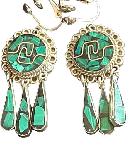 Vintage Sterling Taxco 925 Malachite onyx link bracelet & Earrings SET Inlay