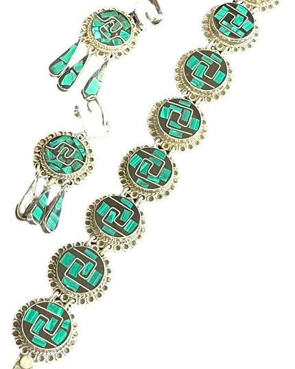 Vintage Sterling Taxco 925 Malachite onyx link bracelet & Earrings SET Inlay