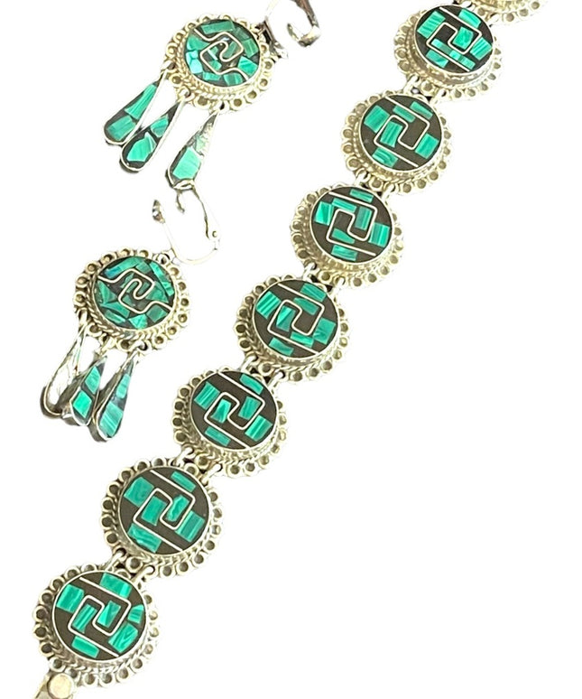 Vintage Sterling Taxco 925 Malachite onyx link bracelet & Earrings SET Inlay