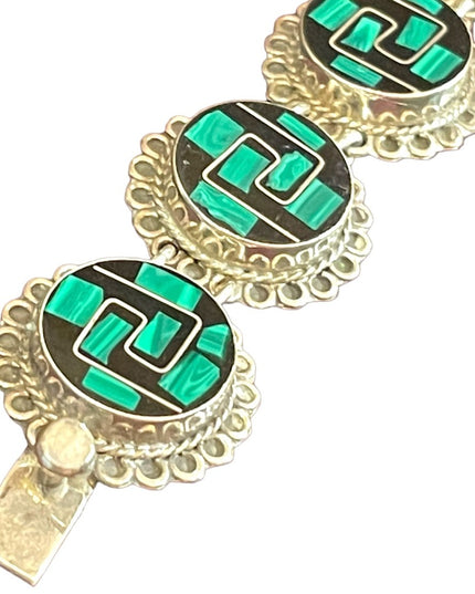 Vintage Sterling Taxco 925 Malachite onyx link bracelet & Earrings SET Inlay