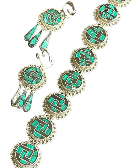 Vintage Sterling Taxco 925 Malachite onyx link bracelet & Earrings SET Inlay