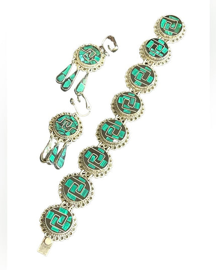 Vintage Sterling Taxco 925 Malachite onyx link bracelet & Earrings SET Inlay