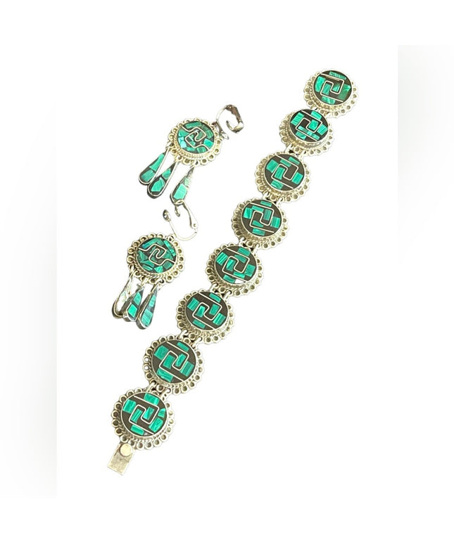 Vintage Sterling Taxco 925 Malachite onyx link bracelet & Earrings SET Inlay