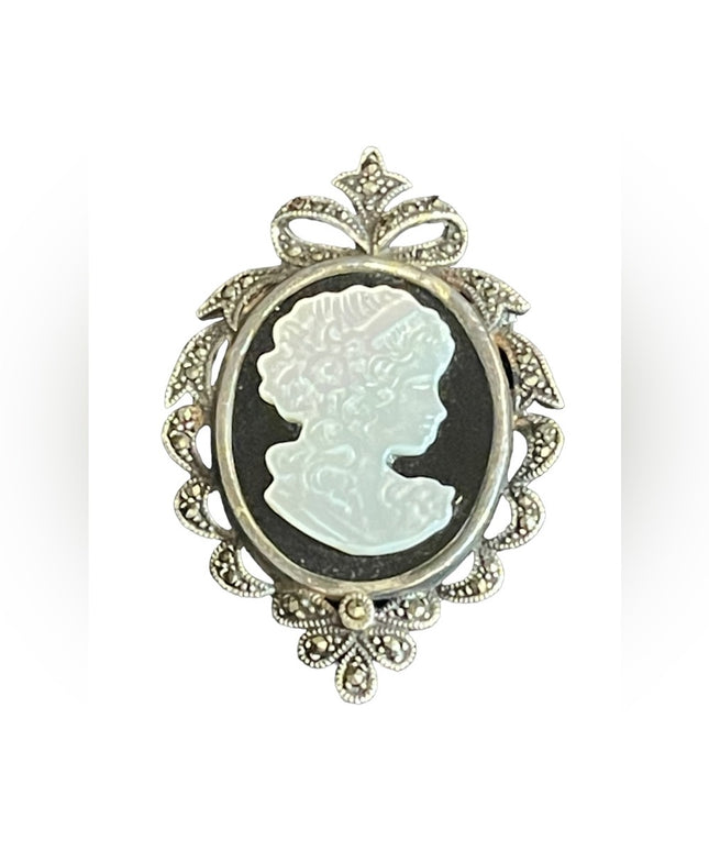Vintage Sterling 925 LG Marcasite onyx & Mother of pearl Cameo brooch pendant