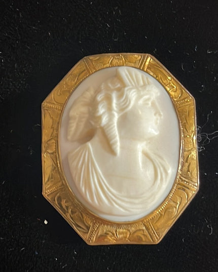 Lovely Antique Gold filled ornate white Coral Carved CAMEO Brooch pendant