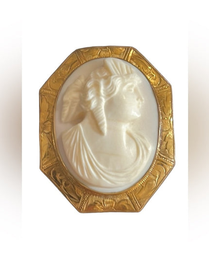 Lovely Antique Gold filled ornate white Coral Carved CAMEO Brooch pendant
