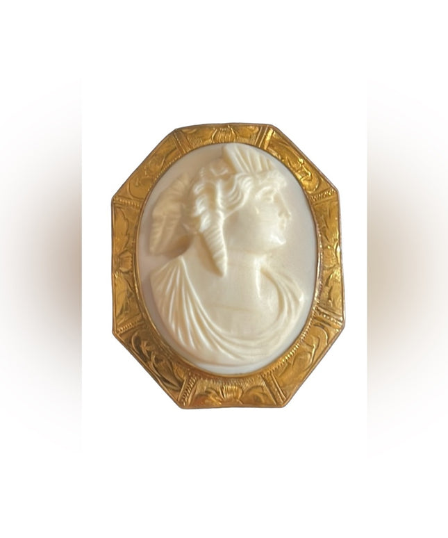 Lovely Antique Gold filled ornate white Coral Carved CAMEO Brooch pendant
