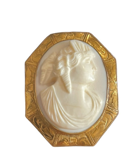 Lovely Antique Gold filled ornate white Coral Carved CAMEO Brooch pendant