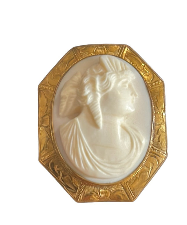 Lovely Antique Gold filled ornate white Coral Carved CAMEO Brooch pendant