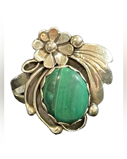 VINTAGE NAVAJO NATIVE AMERICAN HAND MADE MALACHITE STERLING RING SZ6 Angela