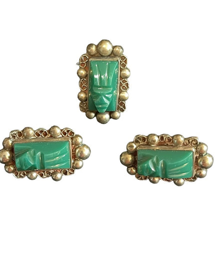 Vintage Taxco Mexico Alpaca Green Onyx Aztec carved stone earrings & Ring SET