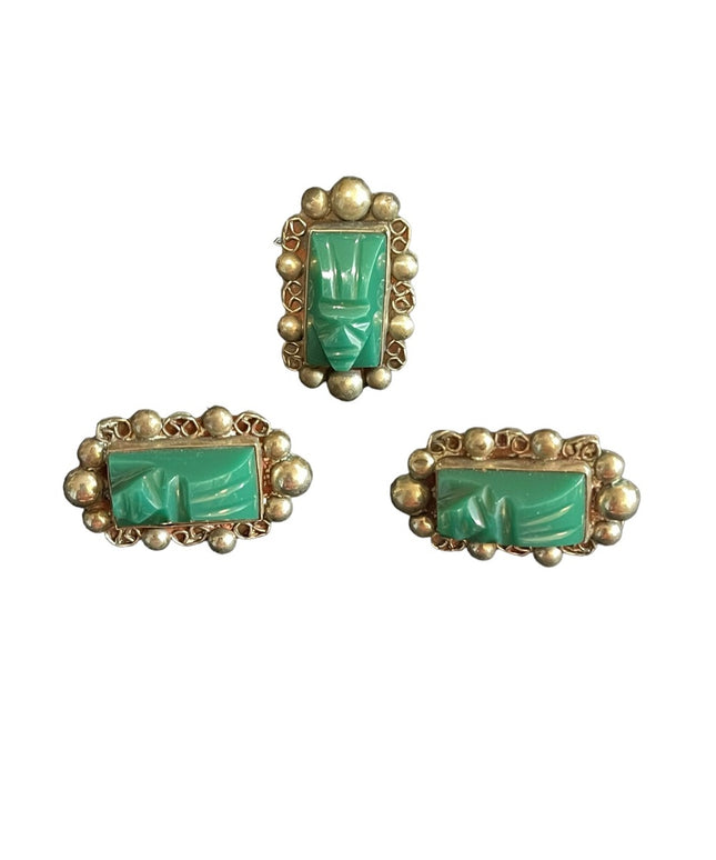 Vintage Taxco Mexico Alpaca Green Onyx Aztec carved stone earrings & Ring SET
